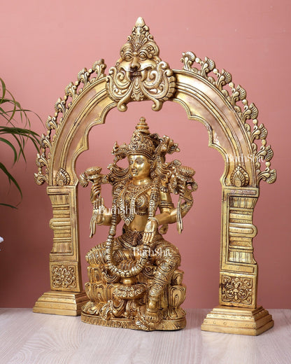 Majestic Brass Goddess Lakshmi Idol with Kirtimukha Prabhavali Arch Aureole | Superfine Temple Decor Set (21.5 Inch Frame) - Budhshiv.com
