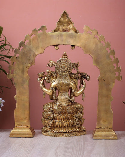 Majestic Brass Goddess Lakshmi Idol with Kirtimukha Prabhavali Arch Aureole | Superfine Temple Decor Set (21.5 Inch Frame) - Budhshiv.com