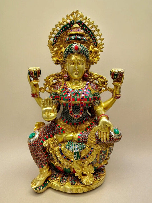 Majestic Brass Large Lakshmi Devi Idol with Meenakari 26" - Budhshiv.com