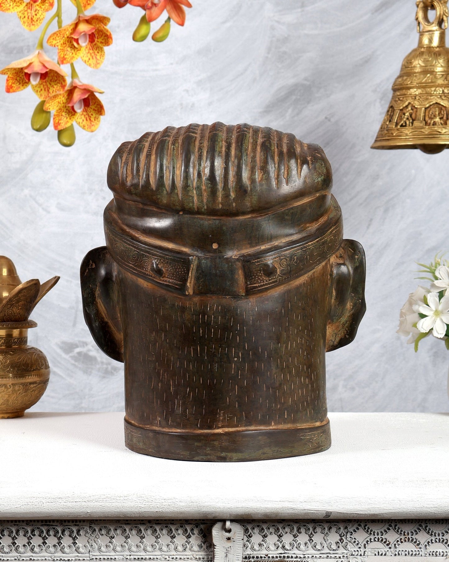 Majestic brass Lord Shiva Face Mukhalingam – Rustic Tone, 11" Height - Budhshiv.com
