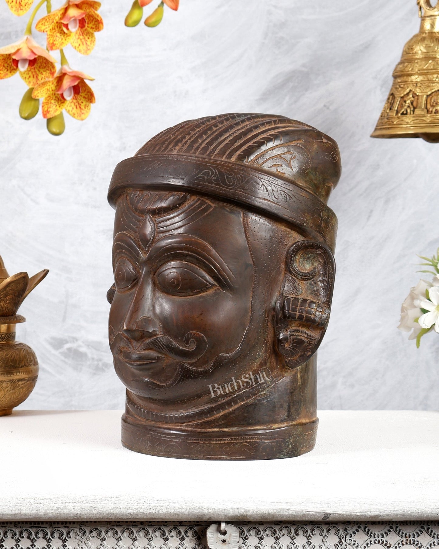 Majestic brass Lord Shiva Face Mukhalingam – Rustic Tone, 11" Height - Budhshiv.com
