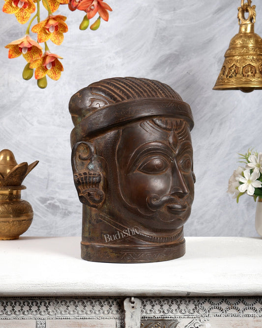 Majestic brass Lord Shiva Face Mukhalingam – Rustic Tone, 11" Height - Budhshiv.com