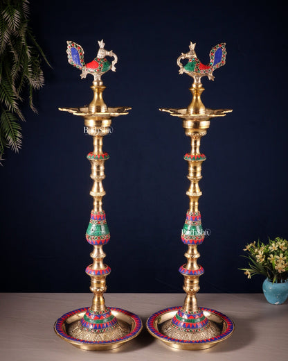Majestic Brass Peacock Samai Lamp with Stonework pair | 2.2 Feet (26 Inch) - Budhshiv.com