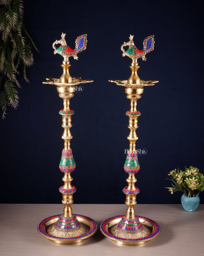 Majestic Brass Peacock Samai Lamp with Stonework pair | 2.2 Feet (26 Inch) - Budhshiv.com