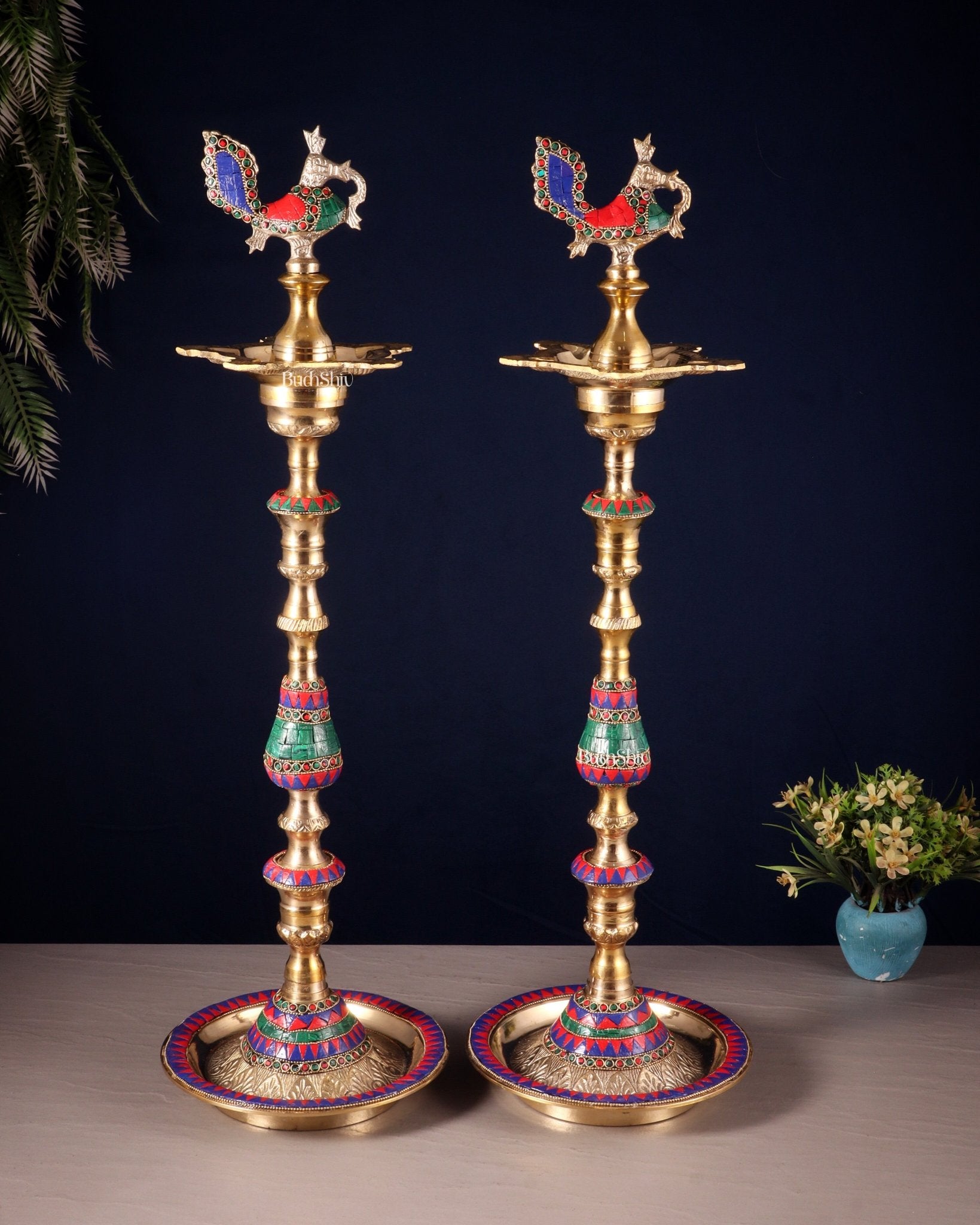 Majestic Brass Peacock Samai Lamp with Stonework pair | 2.2 Feet (26 Inch) - Budhshiv.com