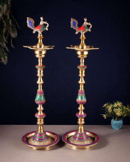 Majestic Brass Peacock Samai Lamp with Stonework pair | 2.2 Feet (26 Inch) - Budhshiv.com