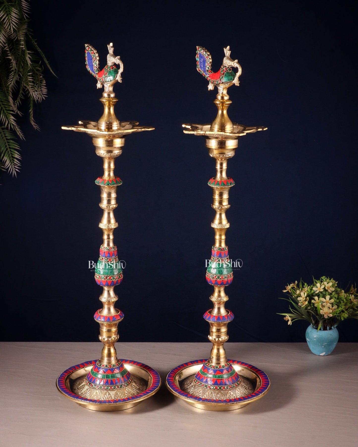 Majestic Brass Peacock Samai Lamp with Stonework pair | 2.2 Feet (26 Inch) - Budhshiv.com