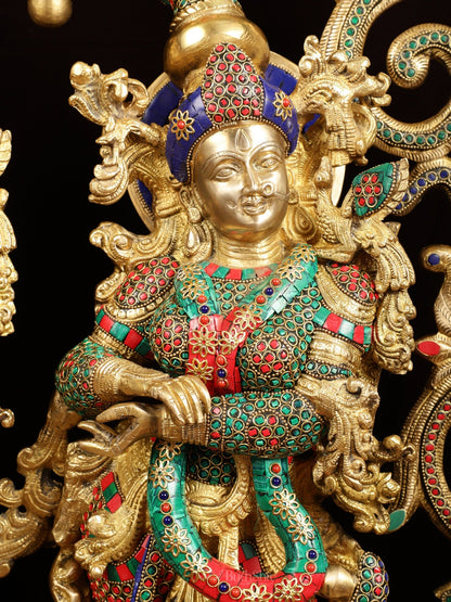 Majestic Brass Radha Krishna with Peacock Temple Arch Meenakari Marvel | 45 inch - Budhshiv.com