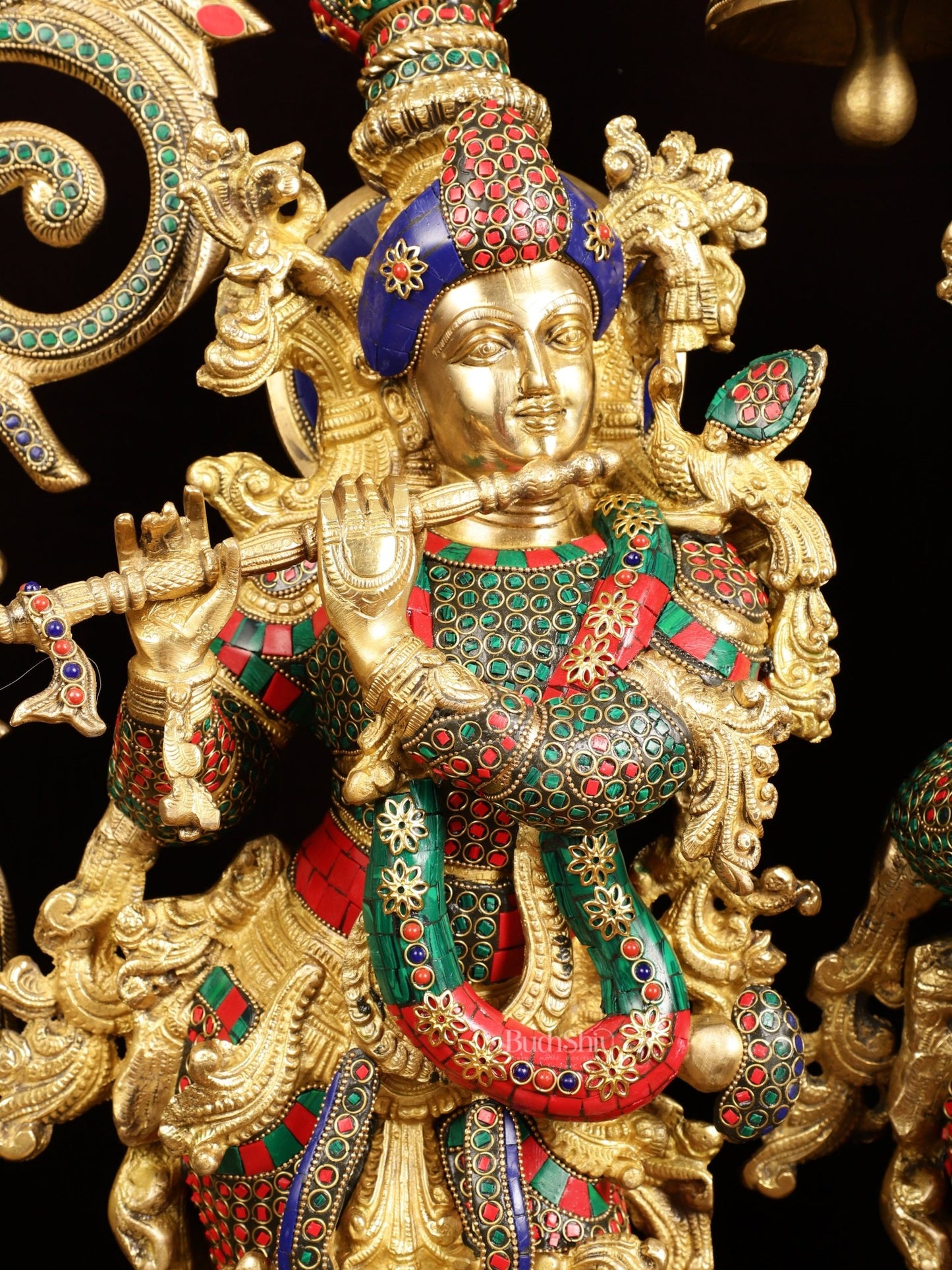 Majestic Brass Radha Krishna with Peacock Temple Arch Meenakari Marvel | 45 inch - Budhshiv.com