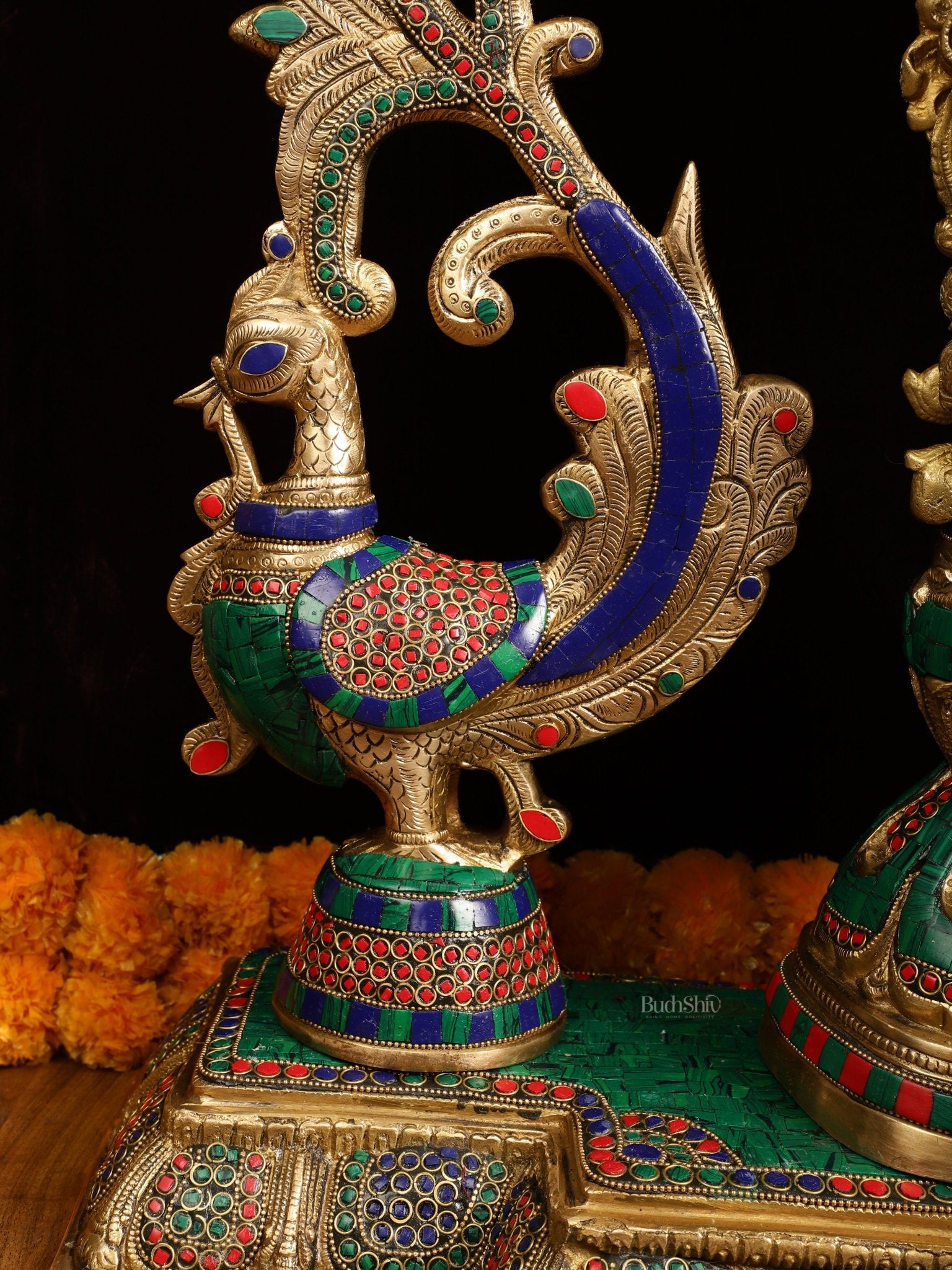 Majestic Brass Radha Krishna with Peacock Temple Arch Meenakari Marvel | 45 inch - Budhshiv.com