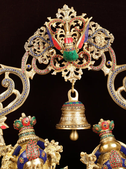 Majestic Brass Radha Krishna with Peacock Temple Arch Meenakari Marvel | 45 inch - Budhshiv.com