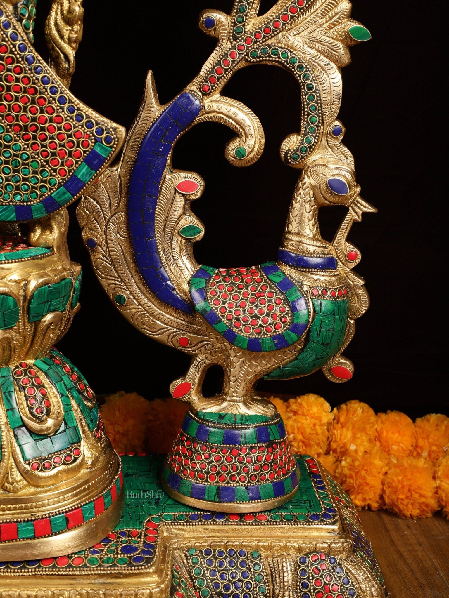 Majestic Brass Radha Krishna with Peacock Temple Arch Meenakari Marvel | 45 inch - Budhshiv.com