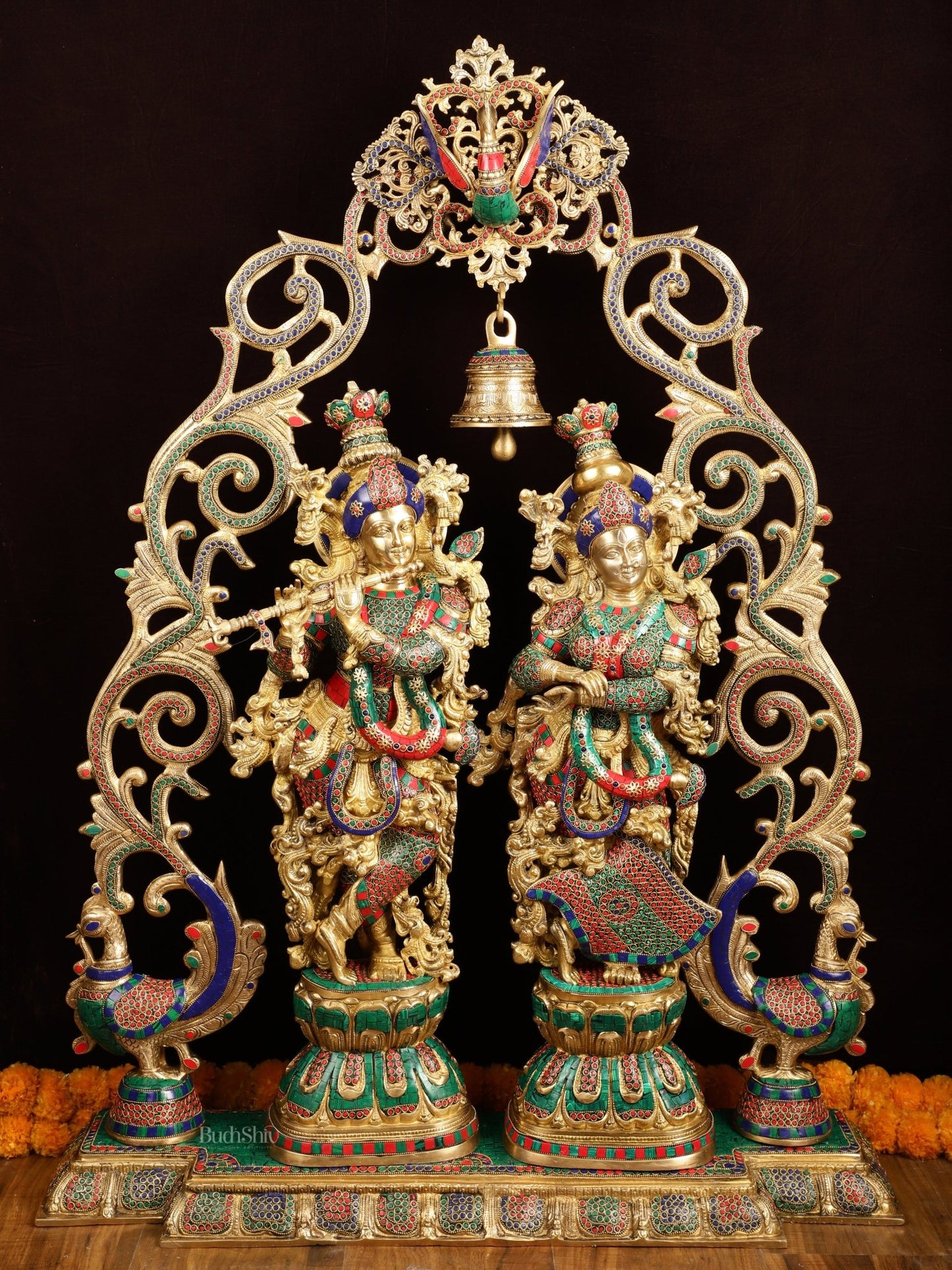 Majestic Brass Radha Krishna with Peacock Temple Arch Meenakari Marvel | 45 inch - Budhshiv.com