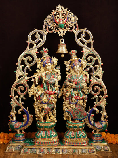 Majestic Brass Radha Krishna with Peacock Temple Arch Meenakari Marvel | 45 inch - Budhshiv.com