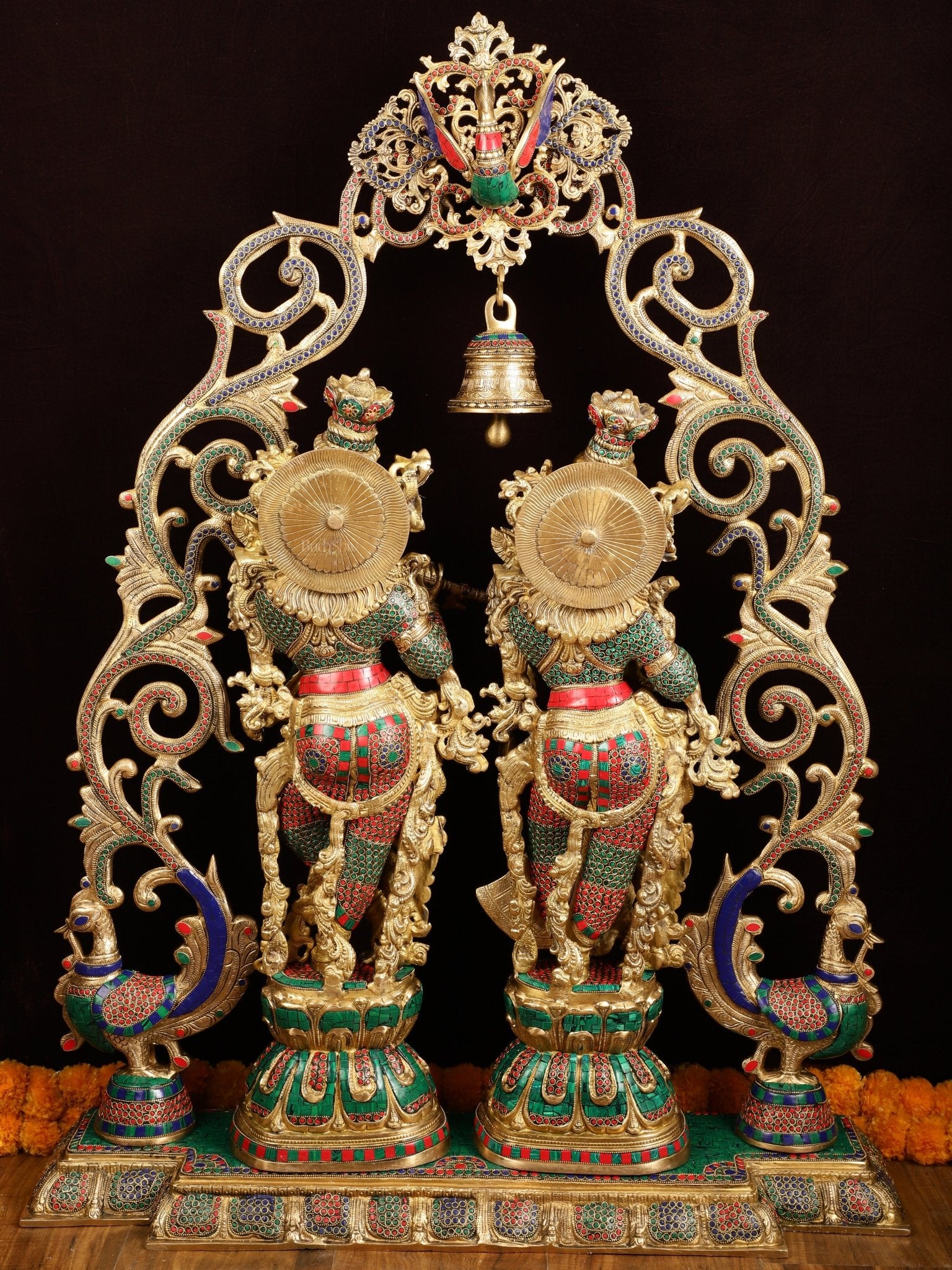 Majestic Brass Radha Krishna with Peacock Temple Arch Meenakari Marvel | 45 inch - Budhshiv.com