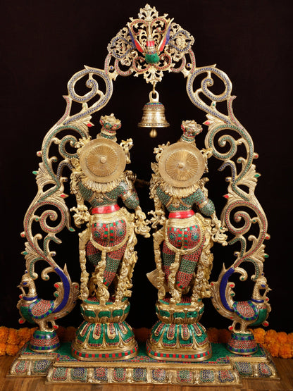 Majestic Brass Radha Krishna with Peacock Temple Arch Meenakari Marvel | 45 inch - Budhshiv.com