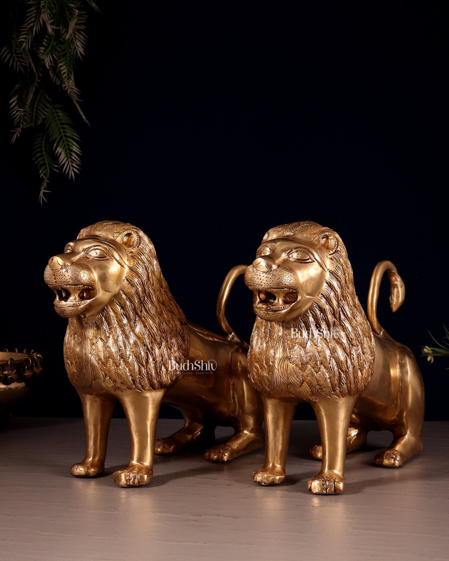Majestic Brass Roaring Lion Pair – Handcrafted Decor Statues 12" - Budhshiv.com