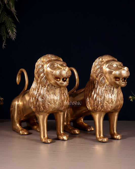 Majestic Brass Roaring Lion Pair – Handcrafted Decor Statues 12" - Budhshiv.com