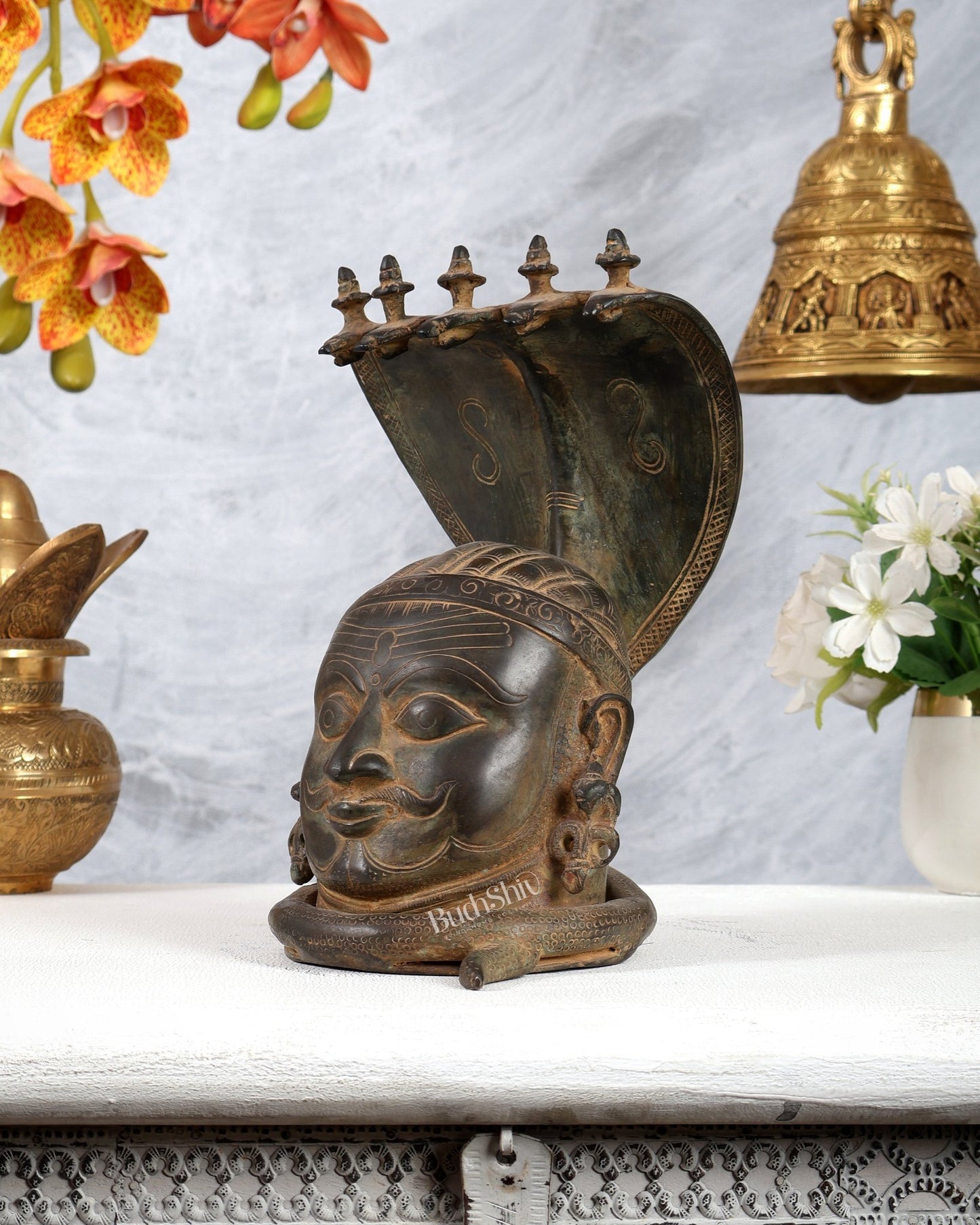 Majestic Brass Shiva with Mukhalingam and Naga Aura Statue – 9.5" Height - Budhshiv.com