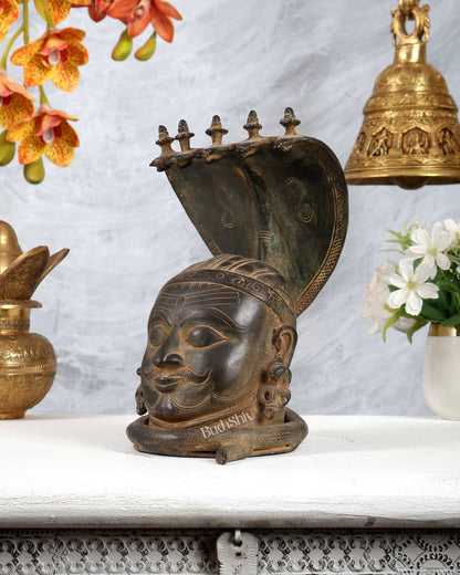 Majestic Brass Shiva with Mukhalingam and Naga Aura Statue – 9.5" Height - Budhshiv.com