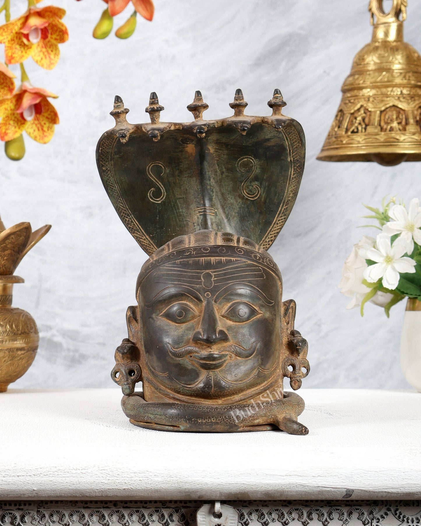 Majestic Brass Shiva with Mukhalingam and Naga Aura Statue – 9.5" Height - Budhshiv.com