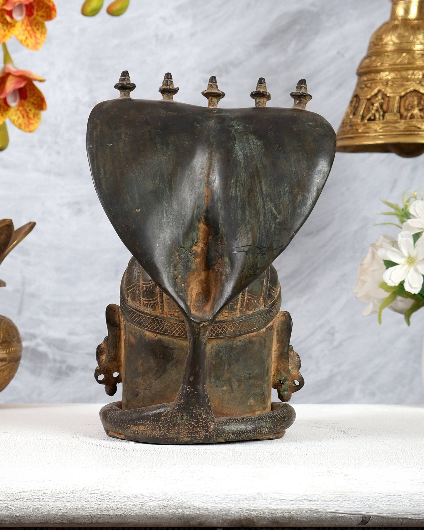 Majestic Brass Shiva with Mukhalingam and Naga Aura Statue – 9.5" Height - Budhshiv.com