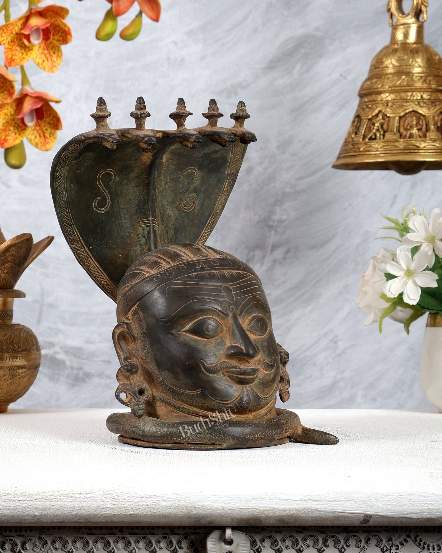 Majestic Brass Shiva with Mukhalingam and Naga Aura Statue – 9.5" Height - Budhshiv.com