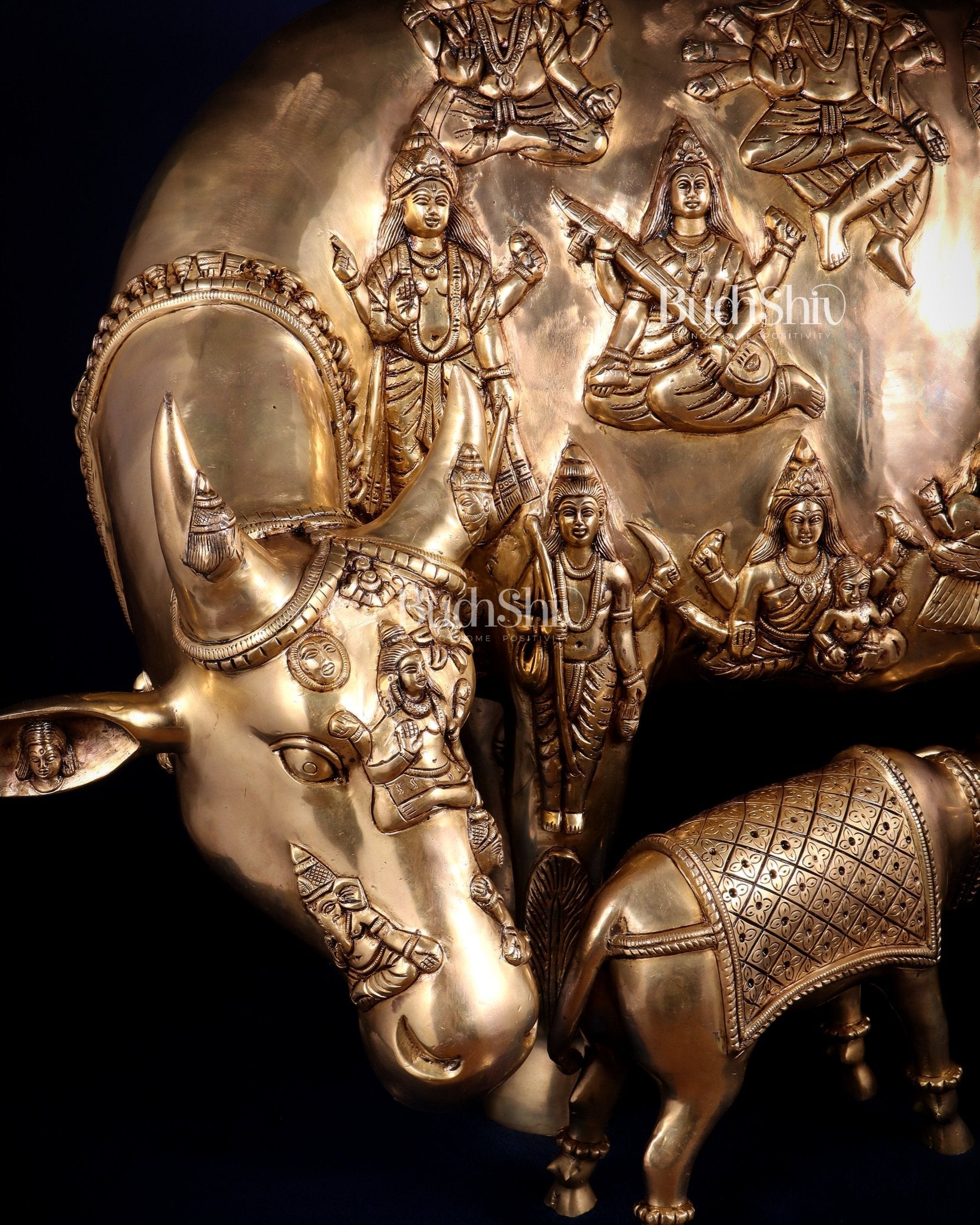 Majestic Large Pure Brass Kamadhenu Cow with Calf – Engraved with All Gods 40 inch - Budhshiv.com
