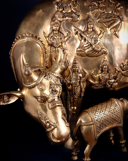 Majestic Large Pure Brass Kamadhenu Cow with Calf – Engraved with All Gods 40 inch - Budhshiv.com