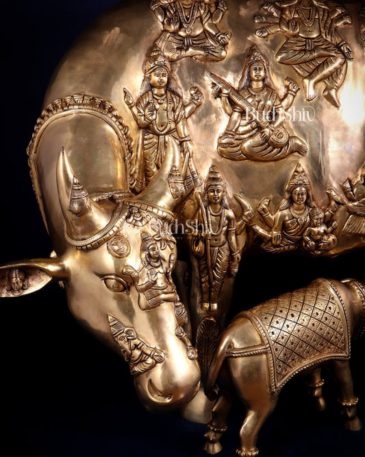 Majestic Large Pure Brass Kamadhenu Cow with Calf – Engraved with All Gods 40 inch - Budhshiv.com