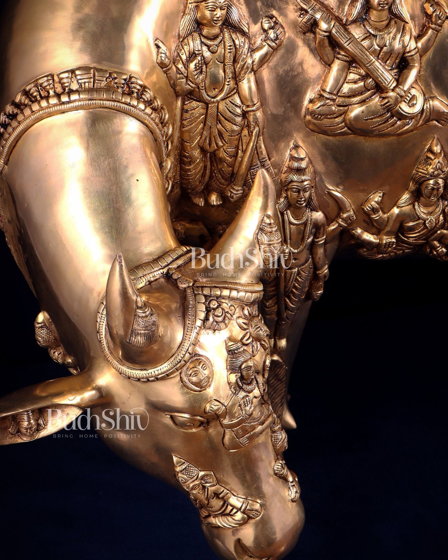 Majestic Large Pure Brass Kamadhenu Cow with Calf – Engraved with All Gods 40 inch - Budhshiv.com