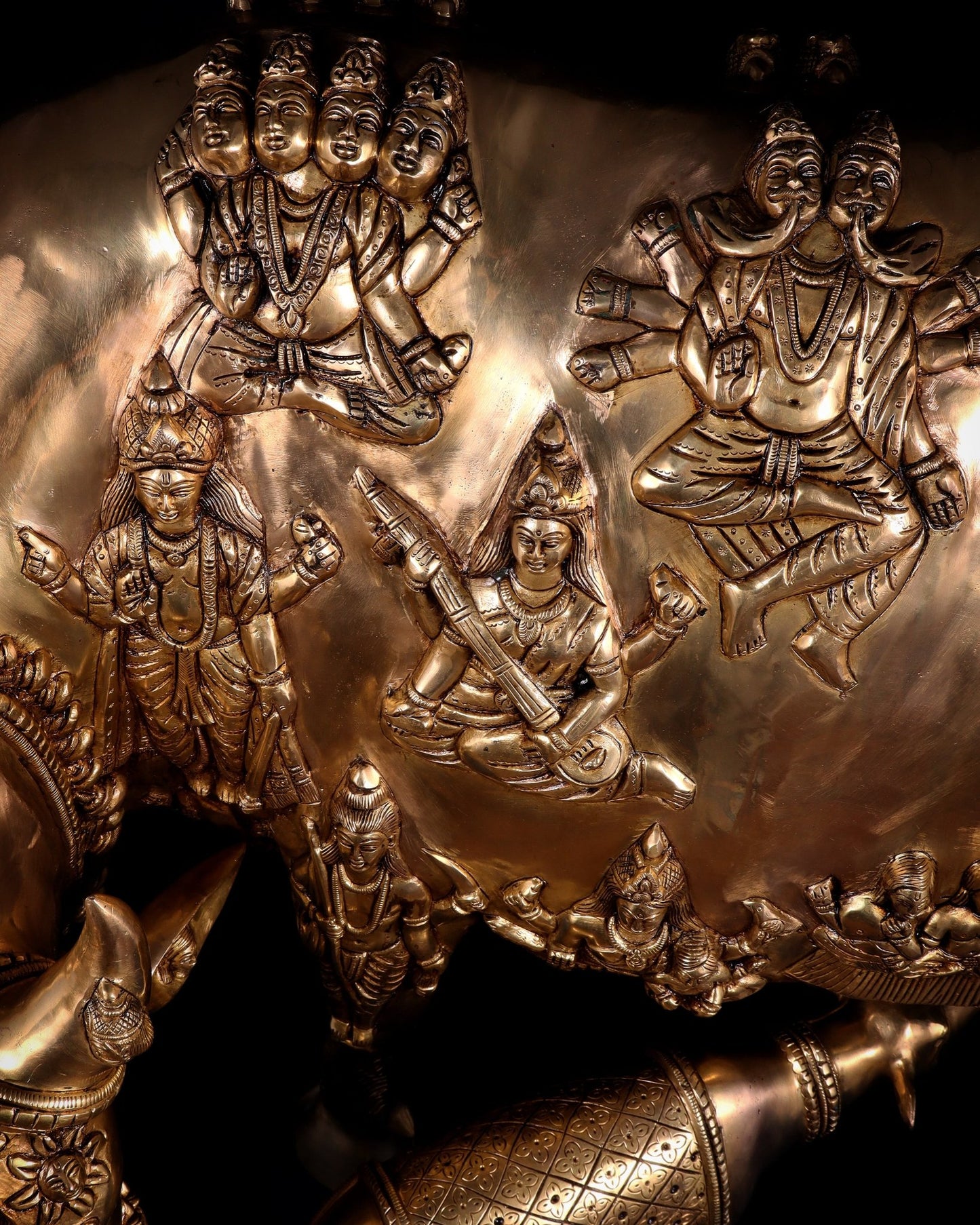 Majestic Large Pure Brass Kamadhenu Cow with Calf – Engraved with All Gods 40 inch - Budhshiv.com