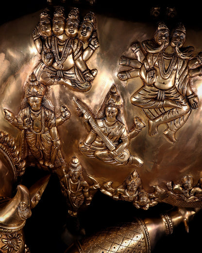 Majestic Large Pure Brass Kamadhenu Cow with Calf – Engraved with All Gods 40 inch - Budhshiv.com