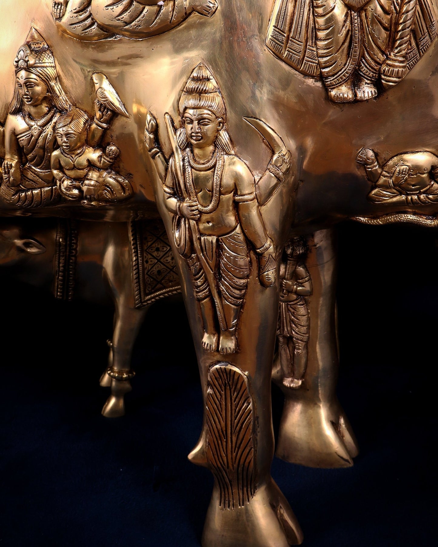 Majestic Large Pure Brass Kamadhenu Cow with Calf – Engraved with All Gods 40 inch - Budhshiv.com
