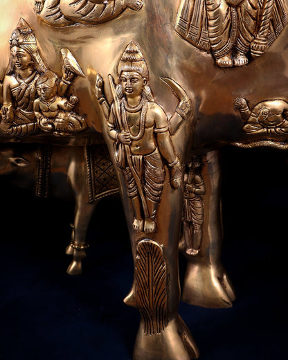 Majestic Large Pure Brass Kamadhenu Cow with Calf – Engraved with All Gods 40 inch - Budhshiv.com