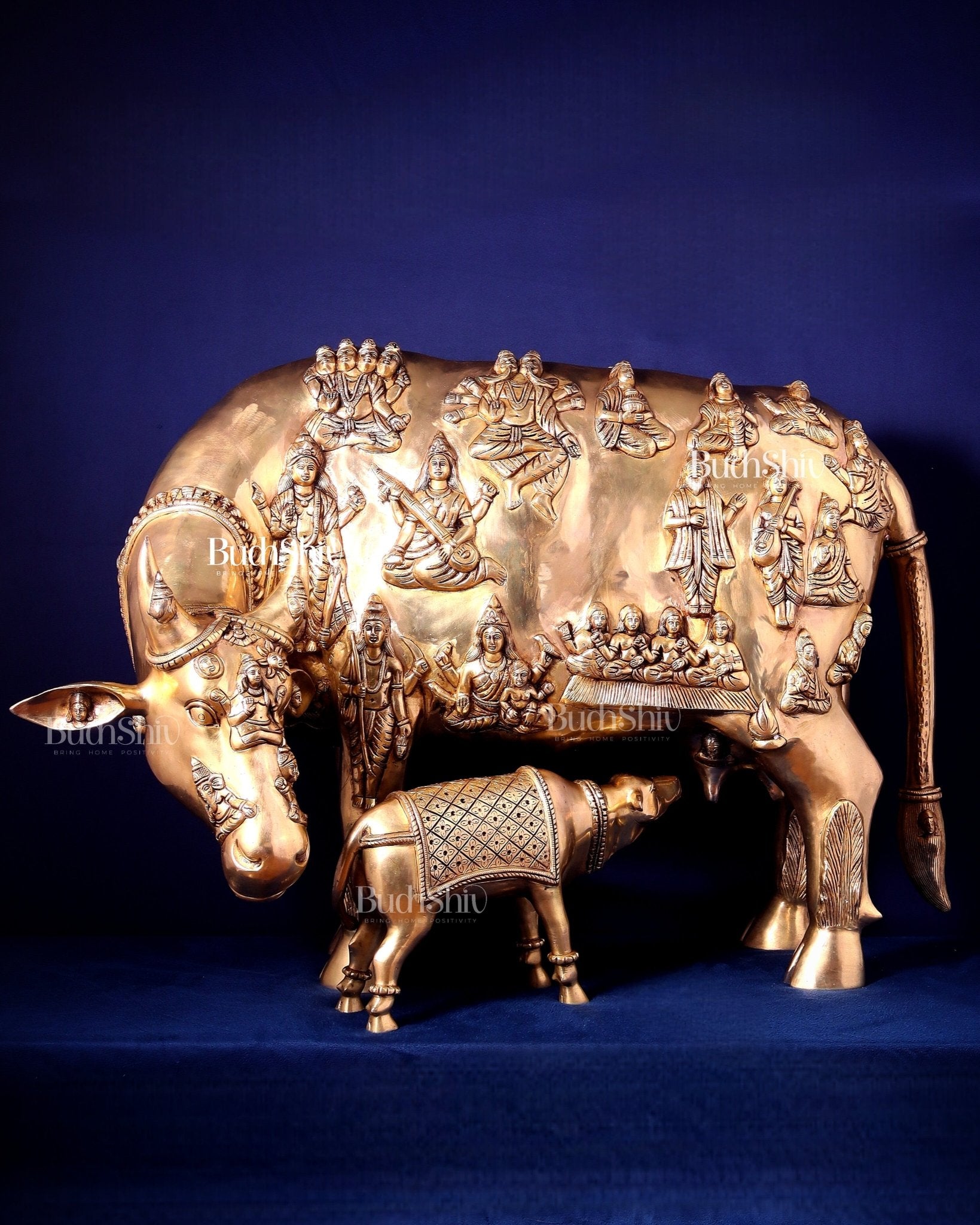 Majestic Large Pure Brass Kamadhenu Cow with Calf – Engraved with All Gods 40 inch - Budhshiv.com