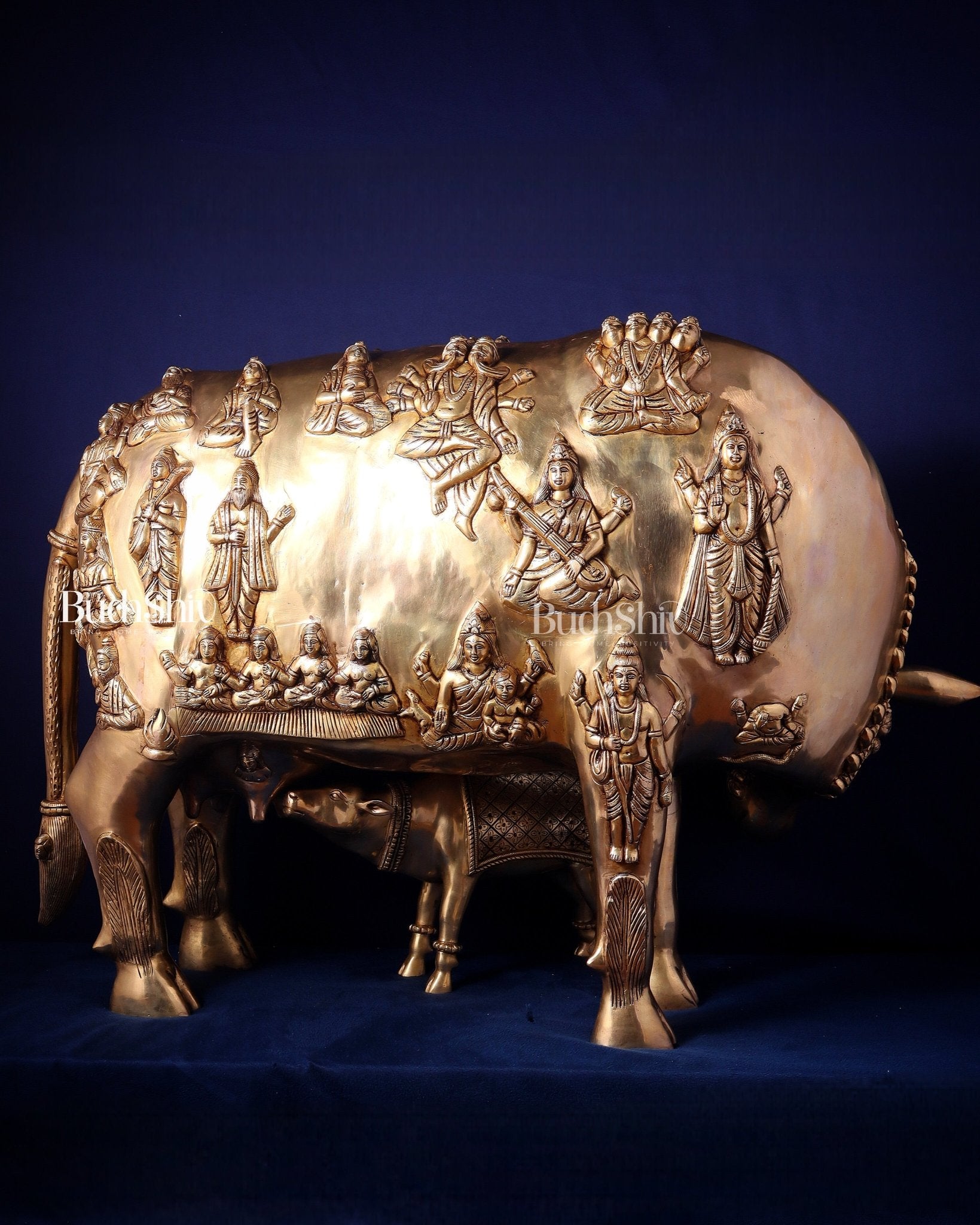 Majestic Large Pure Brass Kamadhenu Cow with Calf – Engraved with All Gods 40 inch - Budhshiv.com