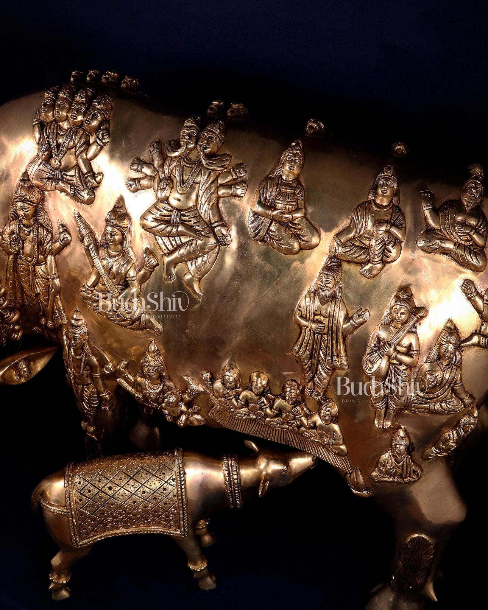 Majestic Large Pure Brass Kamadhenu Cow with Calf – Engraved with All Gods 40 inch - Budhshiv.com