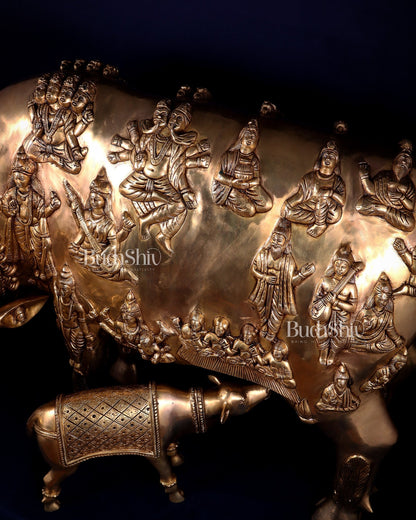 Majestic Large Pure Brass Kamadhenu Cow with Calf – Engraved with All Gods 40 inch - Budhshiv.com