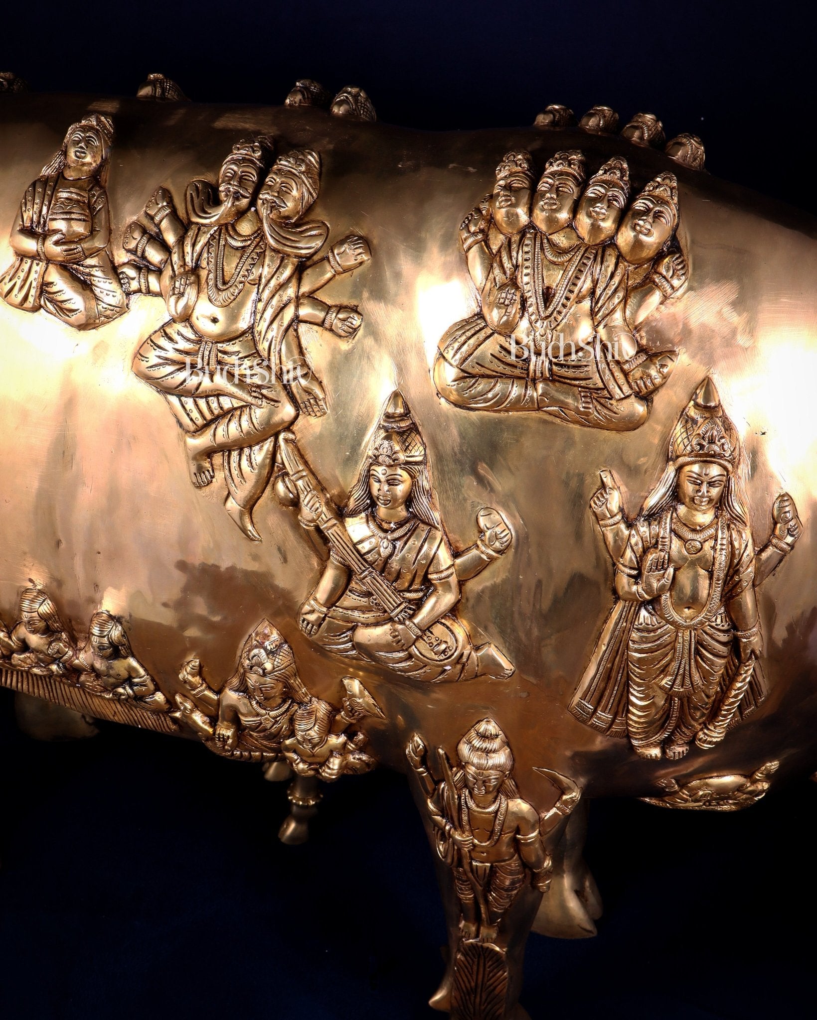 Majestic Large Pure Brass Kamadhenu Cow with Calf – Engraved with All Gods 40 inch - Budhshiv.com