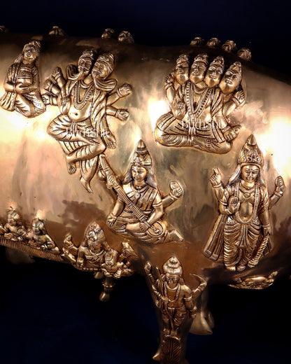 Majestic Large Pure Brass Kamadhenu Cow with Calf – Engraved with All Gods 40 inch - Budhshiv.com