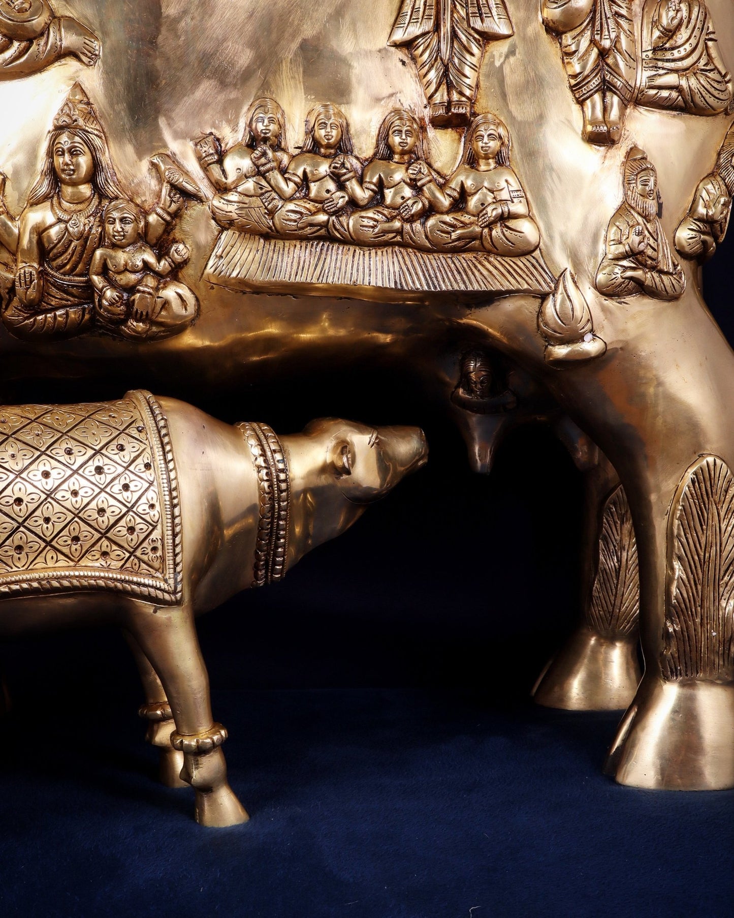 Majestic Large Pure Brass Kamadhenu Cow with Calf – Engraved with All Gods 40 inch - Budhshiv.com
