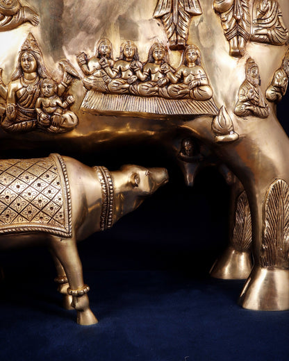 Majestic Large Pure Brass Kamadhenu Cow with Calf – Engraved with All Gods 40 inch - Budhshiv.com