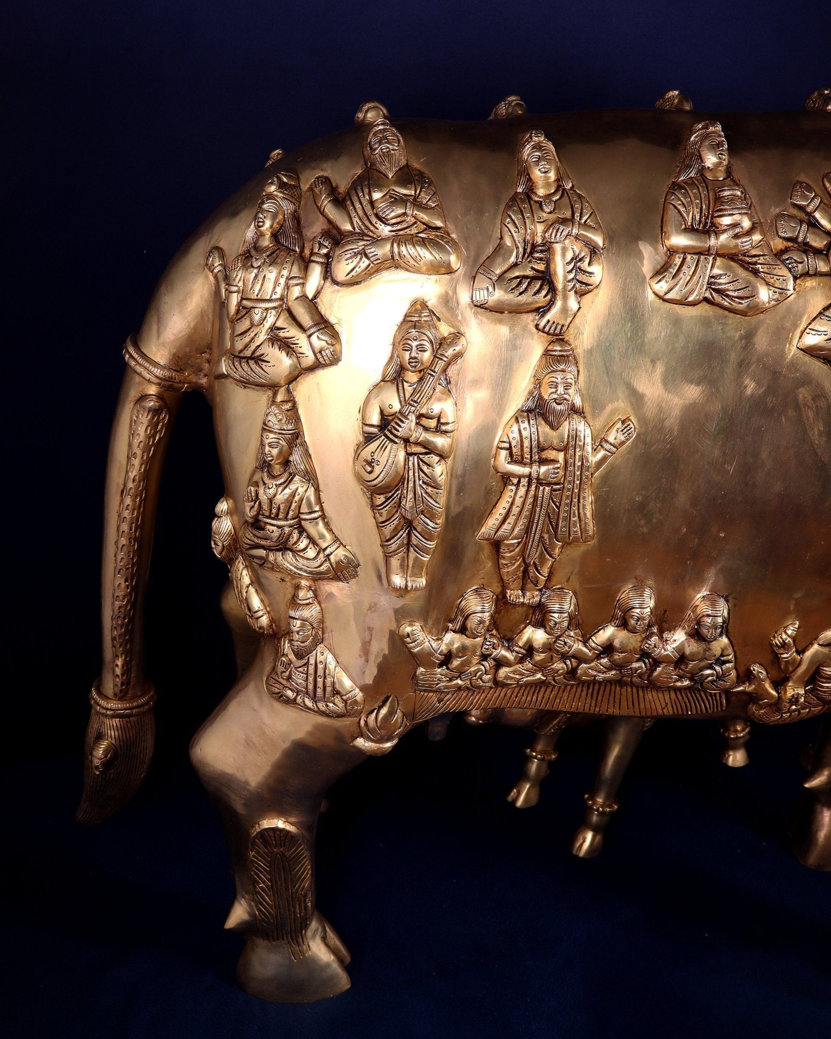 Majestic Large Pure Brass Kamadhenu Cow with Calf – Engraved with All Gods 40 inch - Budhshiv.com