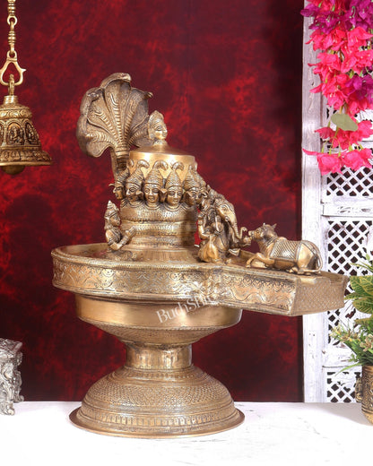 Majestic Large Pure Brass Lord Shiva Family on Shiva Lingam 21 inch - Budhshiv.com