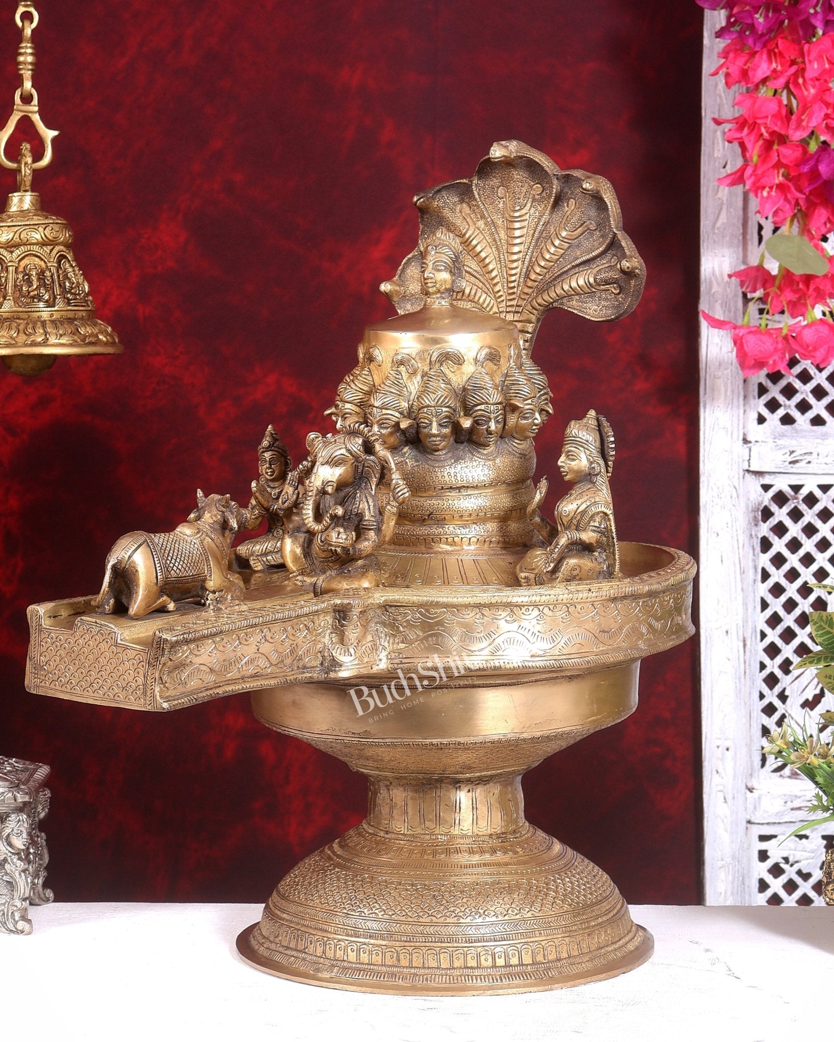 Majestic Large Pure Brass Lord Shiva Family on Shiva Lingam 21 inch - Budhshiv.com