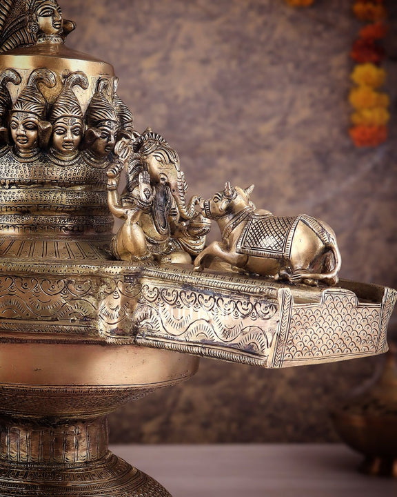 Majestic Large Pure Brass Lord Shiva Family on Shiva Lingam 21" - Budhshiv.com