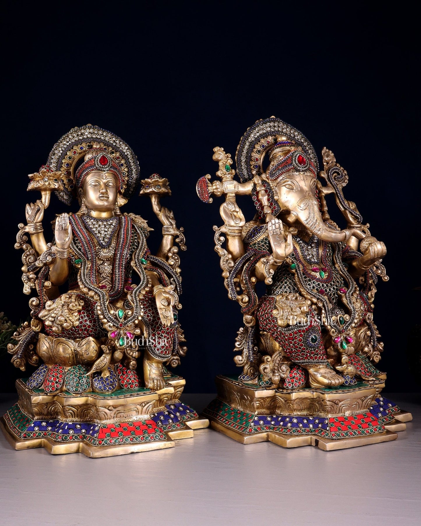Majestic Pure Brass Ganesha & Lakshmi Idols – 18" jewellers meenakari - Budhshiv.com