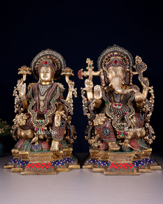Majestic Pure Brass Ganesha & Lakshmi Idols – 18" jewellers meenakari - Budhshiv.com