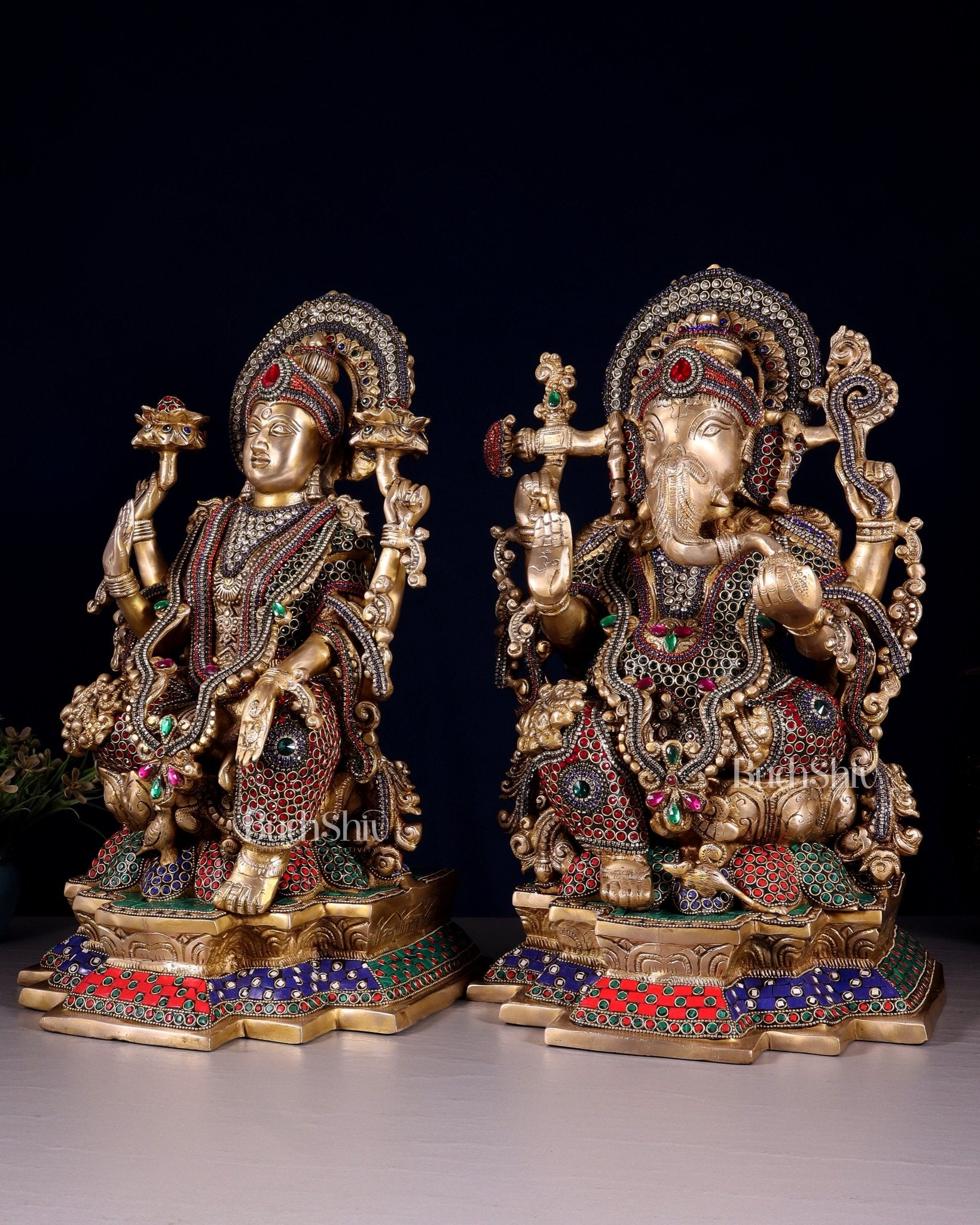 Majestic Pure Brass Ganesha & Lakshmi Idols – 18" jewellers meenakari - Budhshiv.com